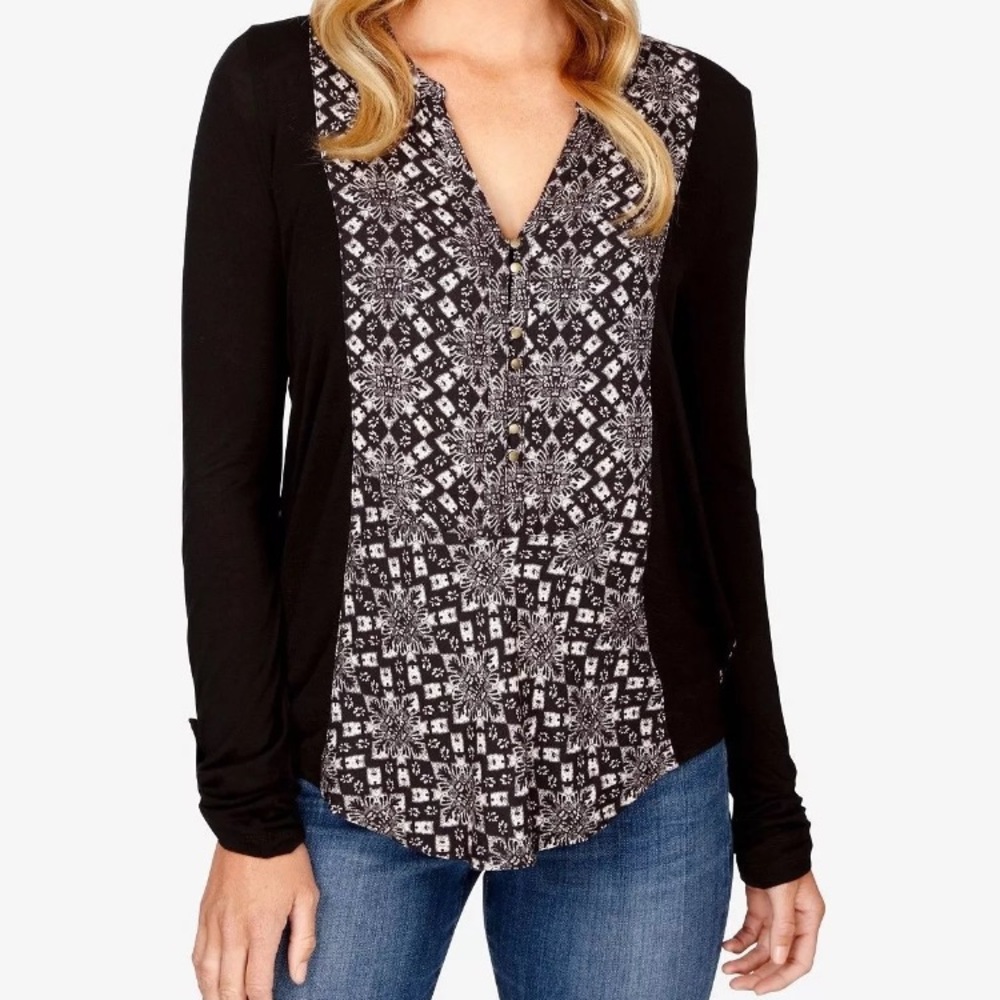 Lucky Brand Women's Printed Woven Mix Henley NWT M